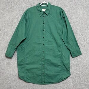 Green Cotton Linen Shirt Dress XL Casual Button Down Long Sleeve